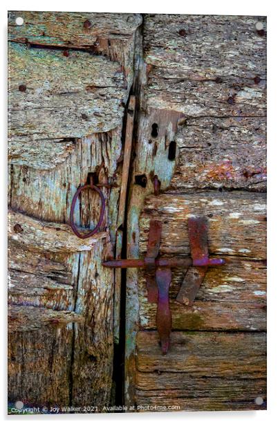 Detail of an old barn door showing the bolt and handle in a closed position Acrylic by Joy Walker