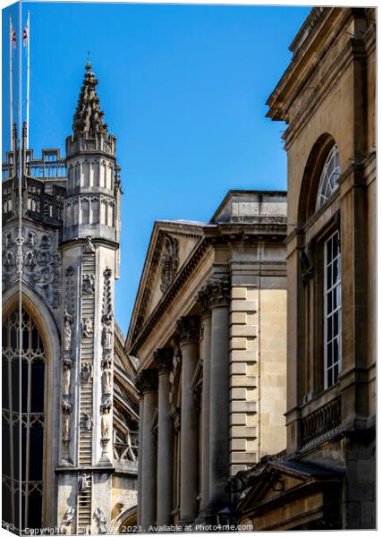 The amazing architecture of Bath Abbey, showing the ladders with climbing angels Canvas Print by Joy Walker