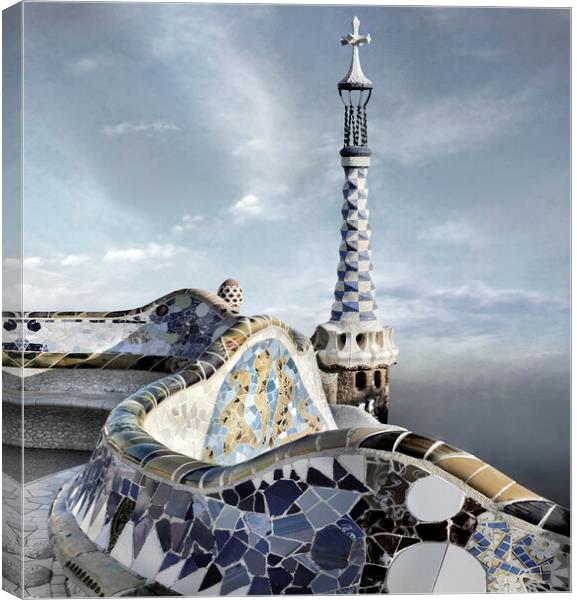Park Guell, Barcelona. Bench and tower Canvas Print by JM Ardevol