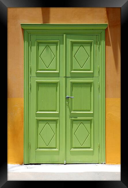 Old Green Greek Door Framed Print by Neil Overy