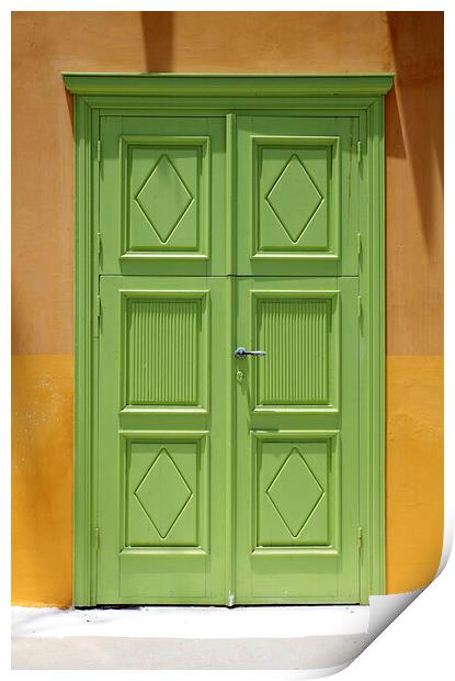 Old Green Greek Door Print by Neil Overy
