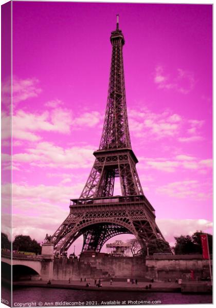 Eiffel Tower Paris France in pink Canvas Print by Ann Biddlecombe