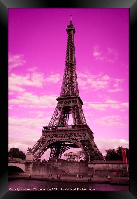 Eiffel Tower Paris France in pink Framed Print by Ann Biddlecombe