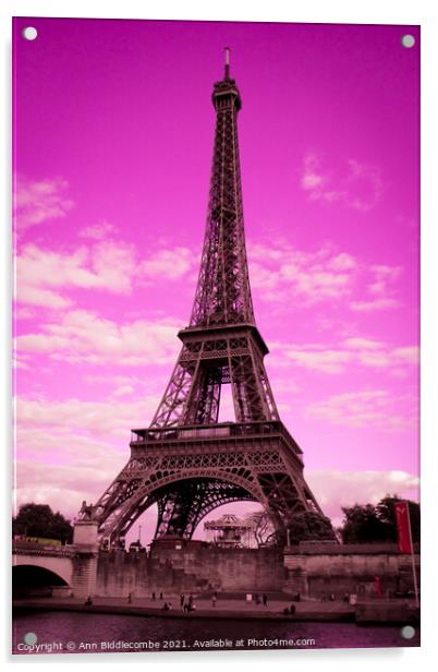 Eiffel Tower Paris France in pink Acrylic by Ann Biddlecombe