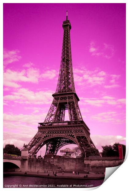 Eiffel Tower Paris France in pink Print by Ann Biddlecombe