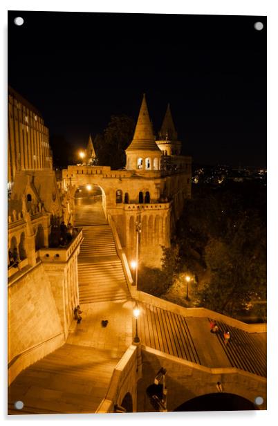 Stairs to Fisherman Bastion at Night in Budapest Acrylic by Artur Bogacki