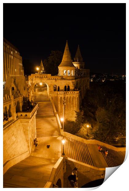 Stairs to Fisherman Bastion at Night in Budapest Print by Artur Bogacki