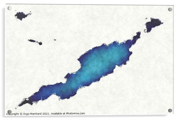 Anguilla map with drawn lines and blue watercolor illustration Acrylic by Ingo Menhard
