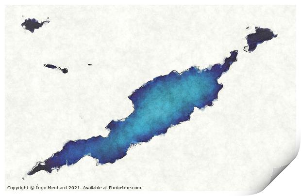Anguilla map with drawn lines and blue watercolor illustration Print by Ingo Menhard