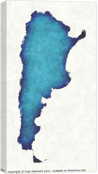 Argentina map with drawn lines and blue watercolor illustration Canvas Print by Ingo Menhard