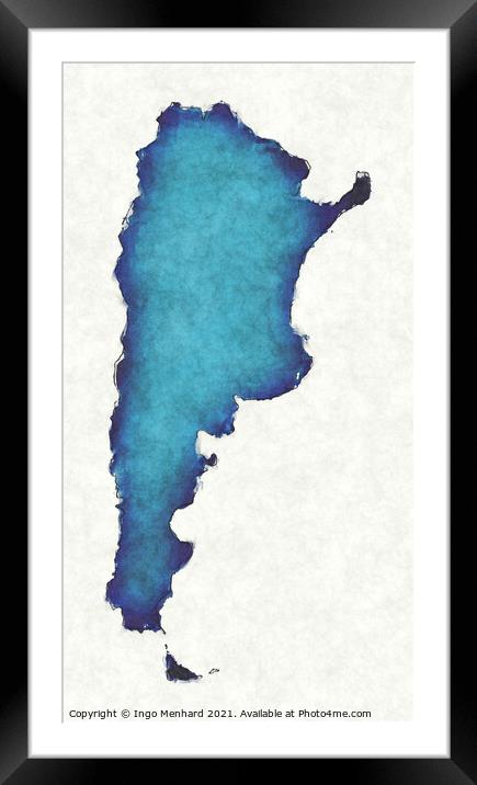 Argentina map with drawn lines and blue watercolor illustration Framed Mounted Print by Ingo Menhard