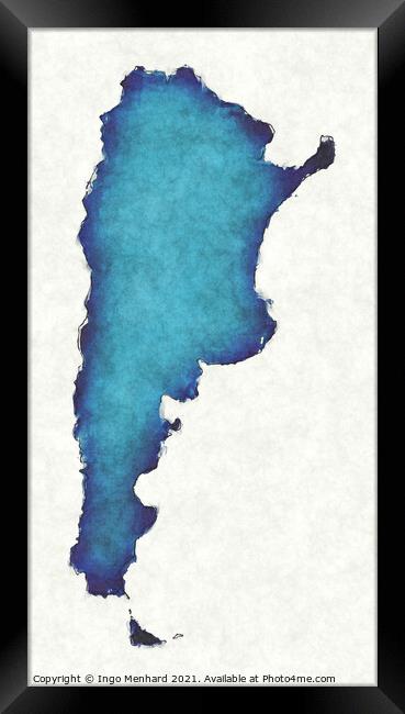 Argentina map with drawn lines and blue watercolor illustration Framed Print by Ingo Menhard