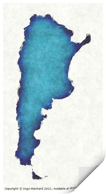 Argentina map with drawn lines and blue watercolor illustration Print by Ingo Menhard