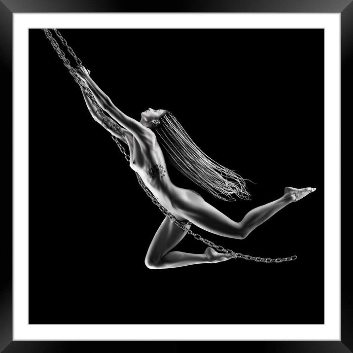 Nude woman swinging on chains Framed Mounted Print by Johan Swanepoel