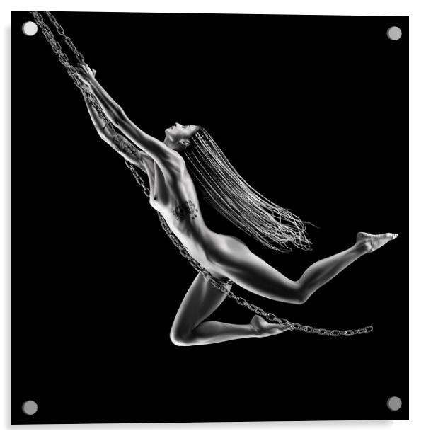 Nude woman swinging on chains Acrylic by Johan Swanepoel