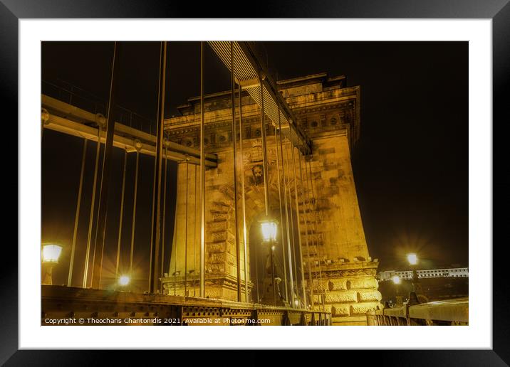 Budapest, Hungary night view detail of Szechenyi Chain bridge. Framed Mounted Print by Theocharis Charitonidis
