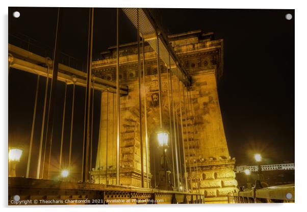 Budapest, Hungary night view detail of Szechenyi Chain bridge. Acrylic by Theocharis Charitonidis