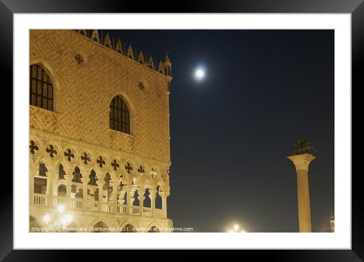 Venice, Italy night view of illuminated Doge’s Palace. Framed Mounted Print by Theocharis Charitonidis