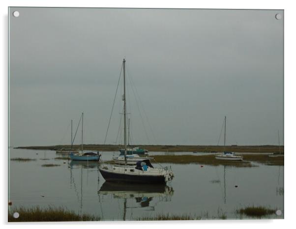 A Yacht reflecting in the water in Old Leigh in the Thames Estuary Acrylic by John Bridge