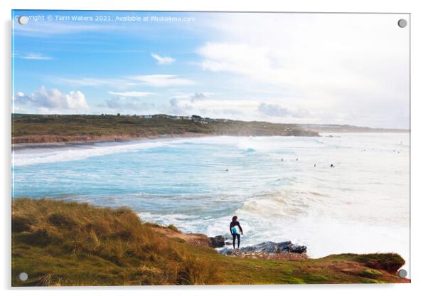 Surfing Godrevy Acrylic by Terri Waters