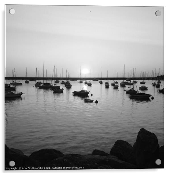 Sunrise over the outer harbor in Brixham in monochrome Acrylic by Ann Biddlecombe