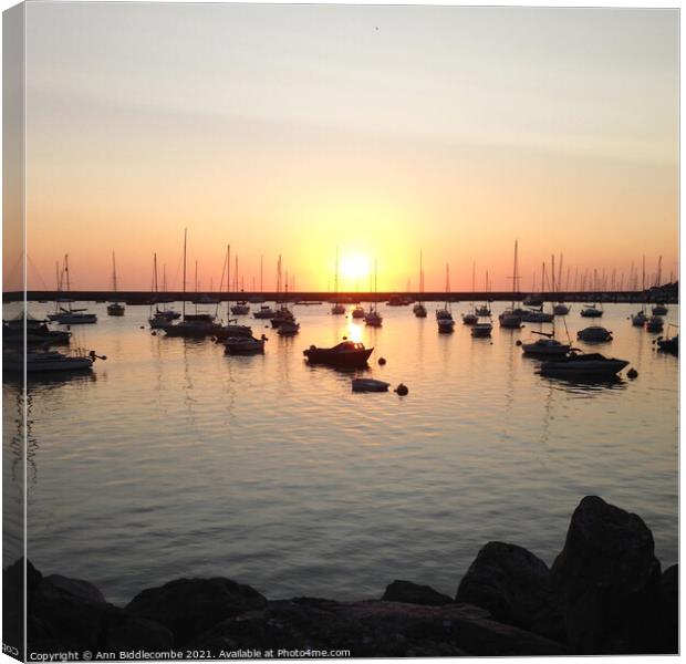 Sunrise over the outer harbor in Brixham from the rocks Canvas Print by Ann Biddlecombe