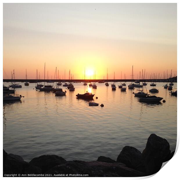 Sunrise over the outer harbor in Brixham from the rocks Print by Ann Biddlecombe