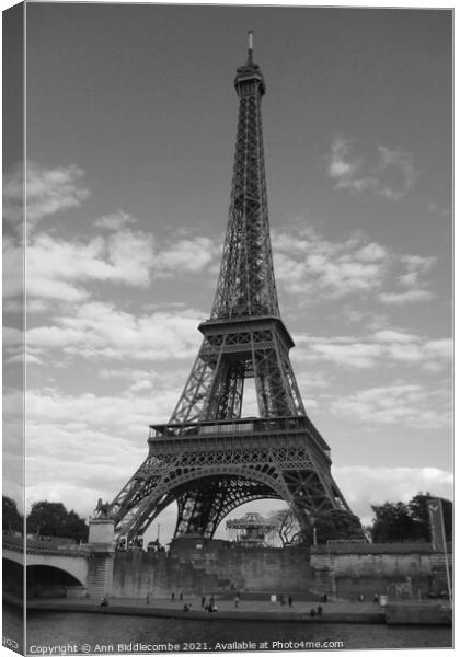 Eiffel Tower Paris France in monochrome Canvas Print by Ann Biddlecombe