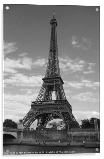 Eiffel Tower Paris France in monochrome Acrylic by Ann Biddlecombe