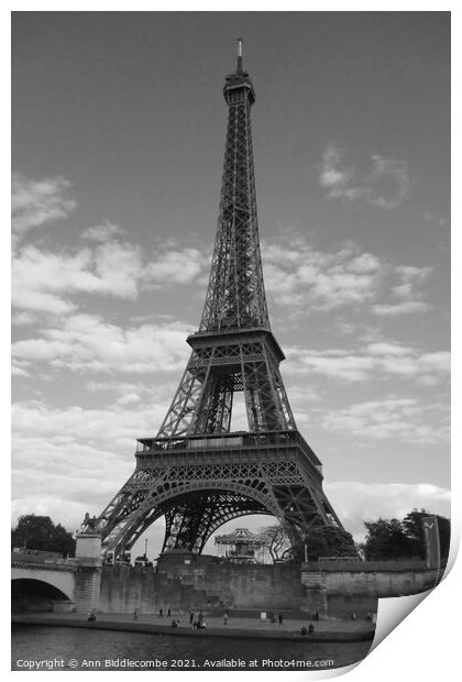Eiffel Tower Paris France in monochrome Print by Ann Biddlecombe