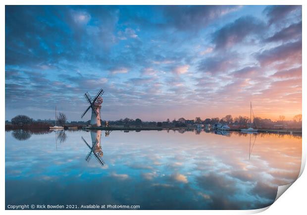 Tranquil Reflections of Thurne Mill Print by Rick Bowden