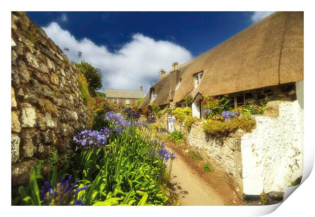 Thatched cottages in Cadgwith cove Cornwall lizard peninsula 436  Print by PHILIP CHALK