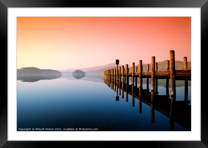 Coniston water Sunrise flat calm with a jetty   43 Framed Mounted Print by PHILIP CHALK