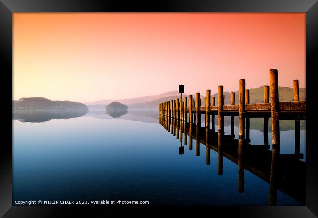 Coniston water Sunrise flat calm with a jetty   43 Framed Print by PHILIP CHALK