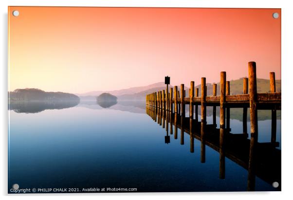 Coniston water Sunrise flat calm with a jetty   43 Acrylic by PHILIP CHALK