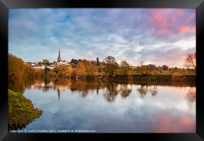 Ross on Wye, in a view from the River Wye, at sunset Framed Print by Justin Foulkes