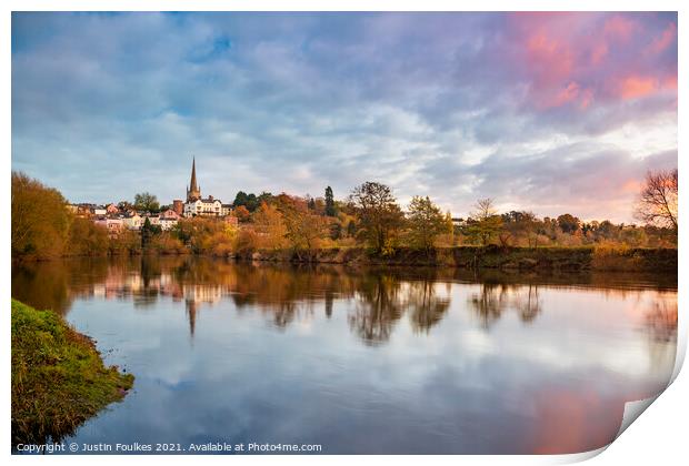 Ross on Wye, in a view from the River Wye, at sunset Print by Justin Foulkes