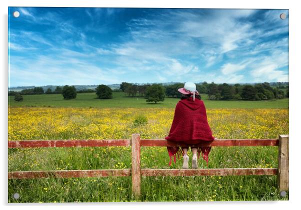 Woman sitting on fence while looking out at the farmland   Acrylic by Thomas Baker