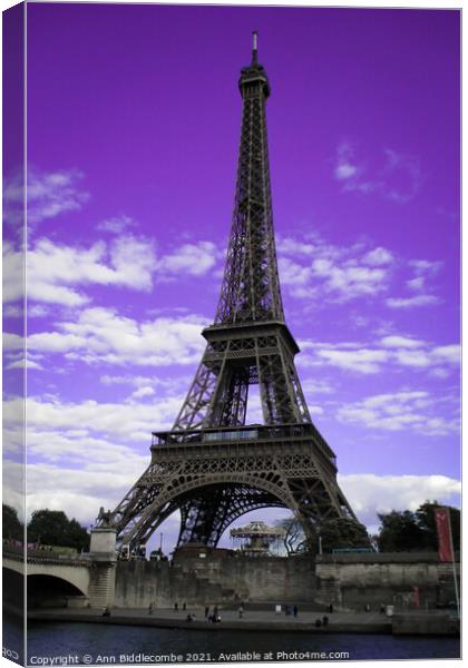 Eiffel Tower Paris, France in purple				 Canvas Print by Ann Biddlecombe