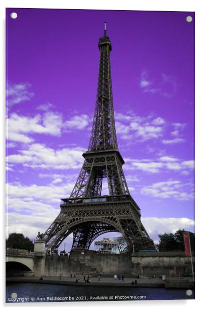 Eiffel Tower Paris, France in purple				 Acrylic by Ann Biddlecombe