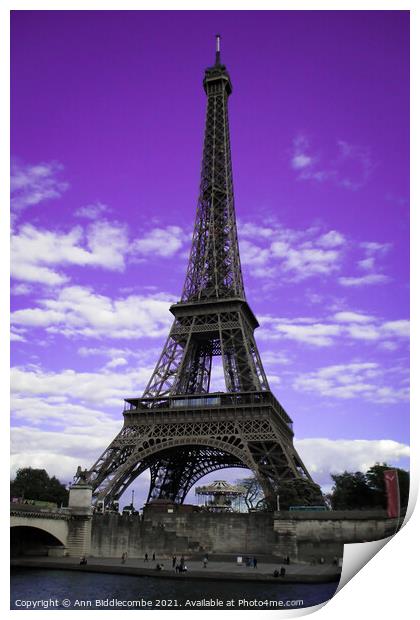 Eiffel Tower Paris, France in purple				 Print by Ann Biddlecombe