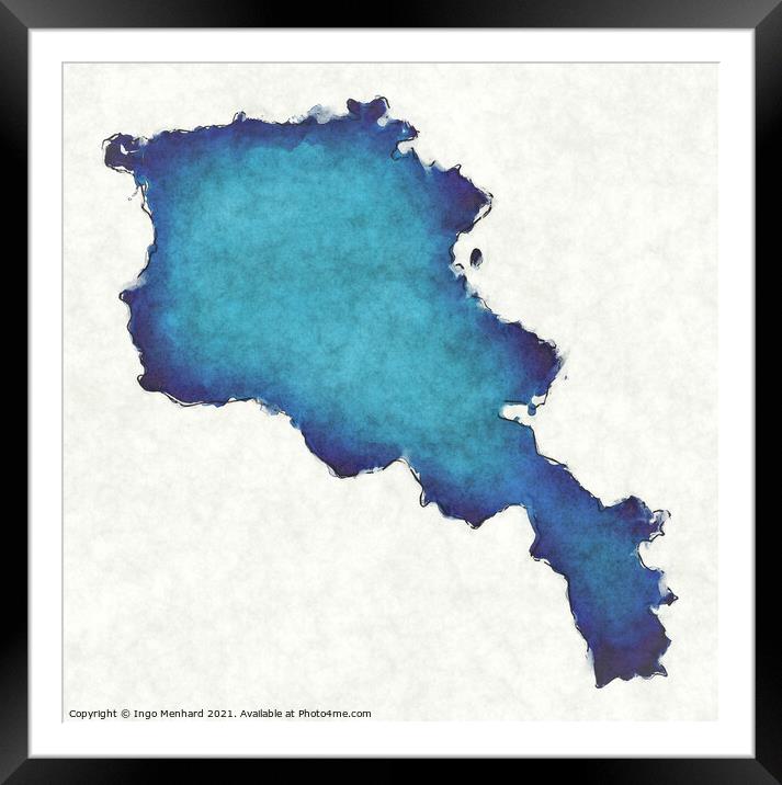 Armenia map with drawn lines and blue watercolor illustration Framed Mounted Print by Ingo Menhard