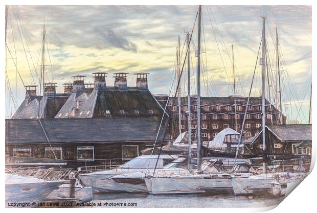Buildings and Boats on Ipswich Waterfront Print by Ian Lewis