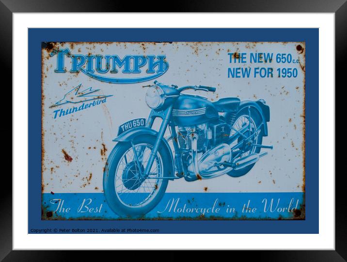 Vintage enamel sign showing Triumph motorcycle Framed Mounted Print by Peter Bolton
