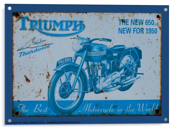 Vintage enamel sign showing Triumph motorcycle Acrylic by Peter Bolton