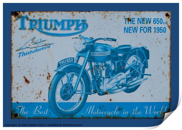 Vintage enamel sign showing Triumph motorcycle Print by Peter Bolton