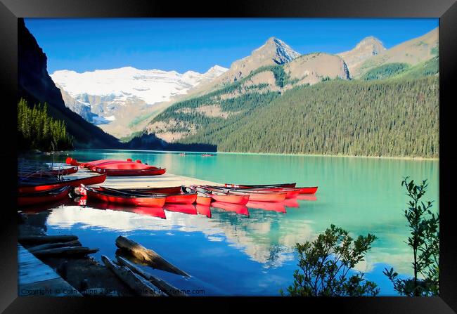 Canoes on Lake Louise Framed Print by Colin Chipp