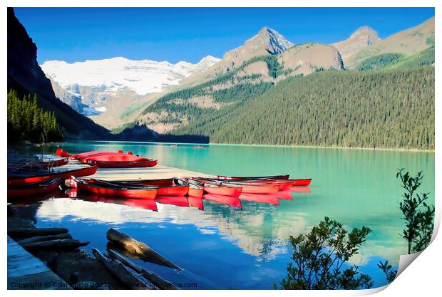 Canoes on Lake Louise Print by Colin Chipp