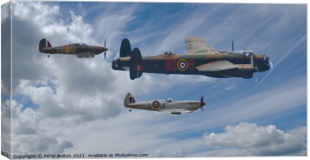 Spitfire, Hurricane and Lancaster Bomber. Battle of Britain Memorial Flight. Canvas Print by Peter Bolton