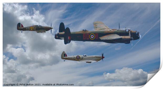 Spitfire, Hurricane and Lancaster Bomber. Battle of Britain Memorial Flight. Print by Peter Bolton